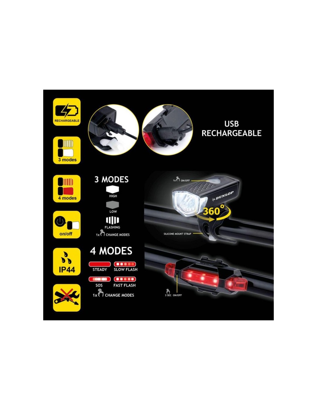 Set of Dunlop Led bicycle lights USB charging rear front 473758 - Image 3